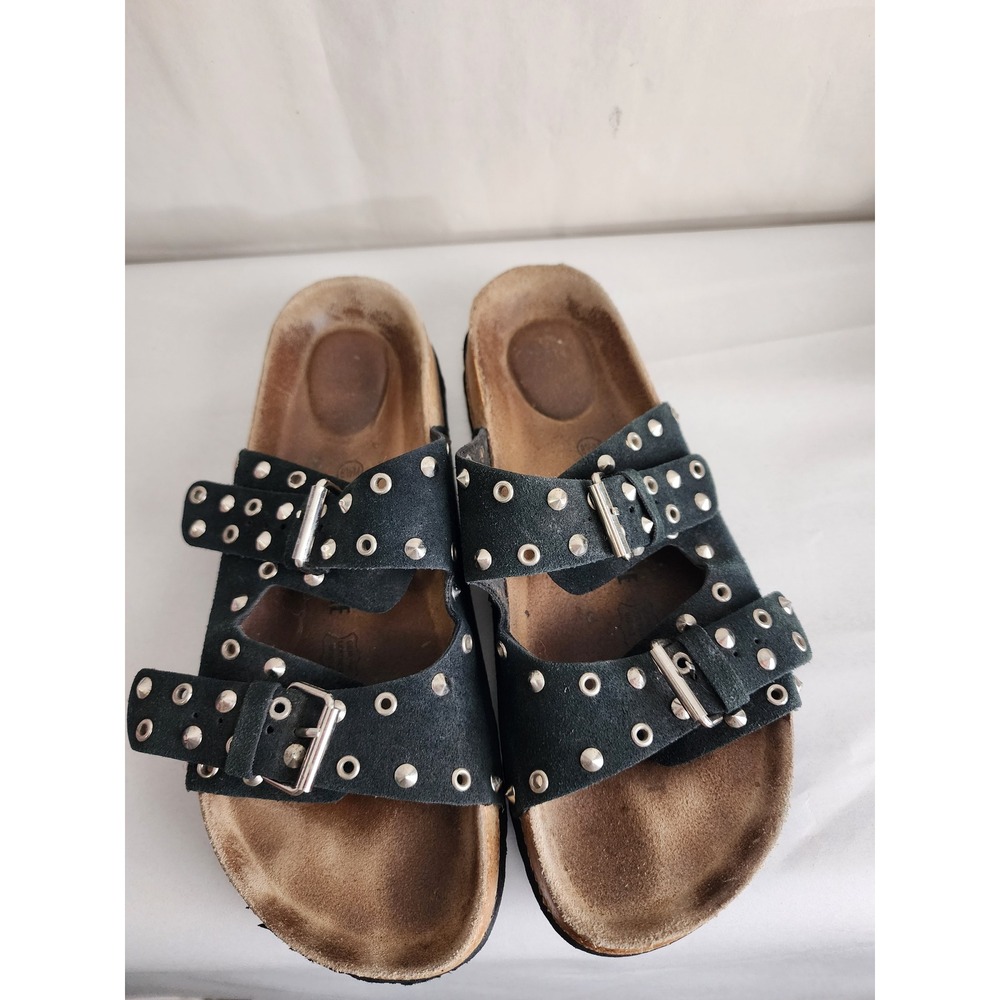Cushionaire Black Suede Studded Double Strap Cork Footbed Sandals 8.5M